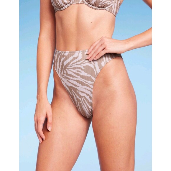 Wild Fable Ribbed High Leg Cheeky High Waist Bikini Bottom Animal Print Tan M - Picture 1 of 6